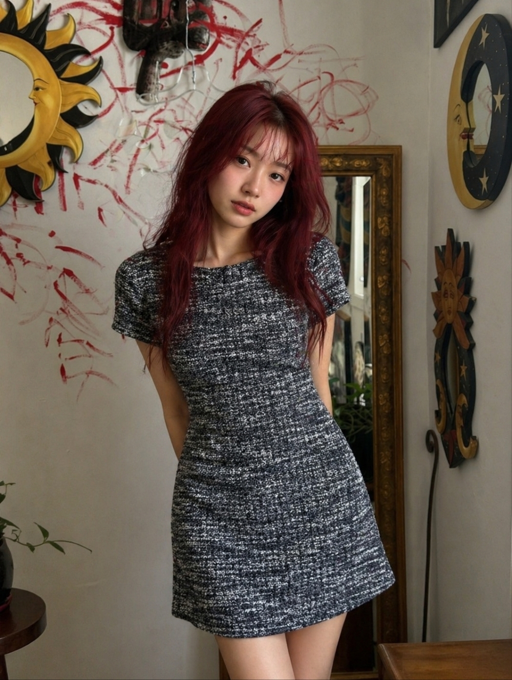 Blue Gray and White Tweed Dress